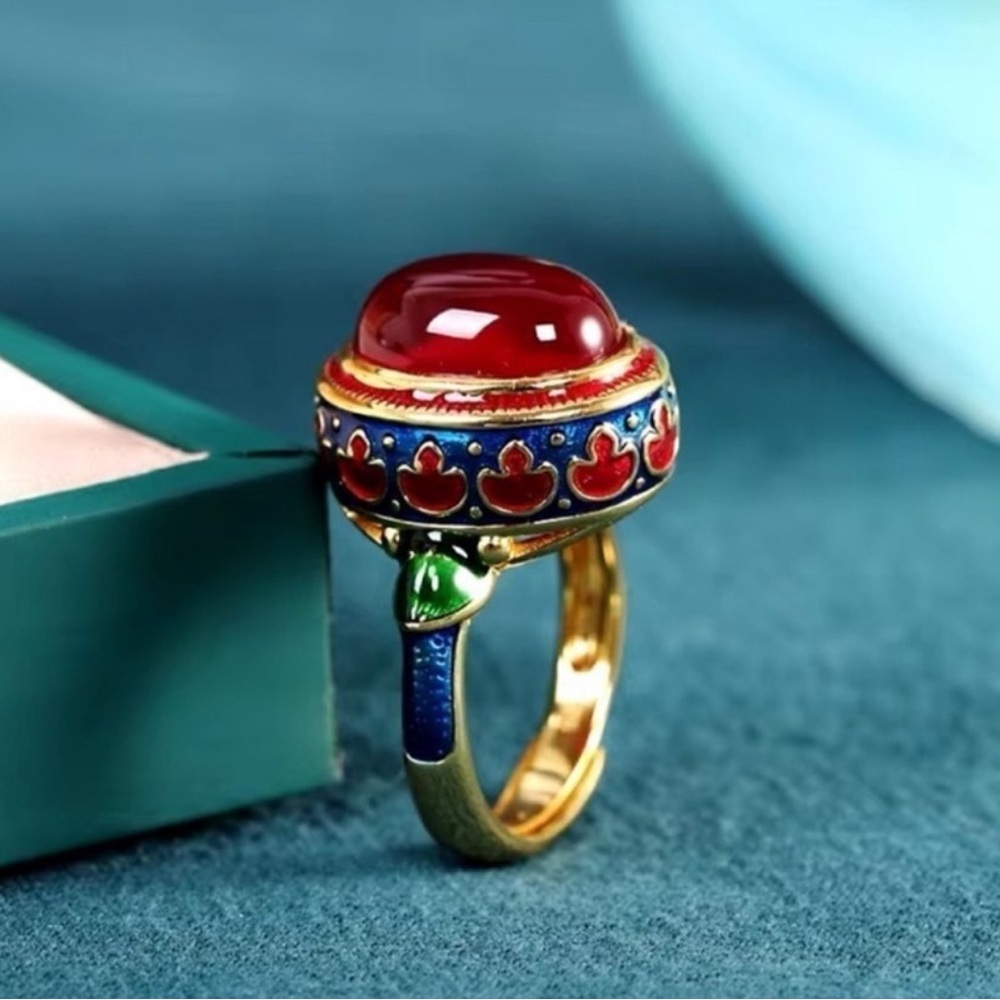 Anthropologie Gold Ring with Red Cabochon and Blue Enamel Accents - Picture 2 of 9
